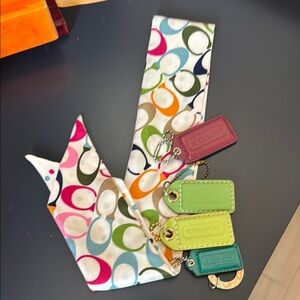 Coach Colorful Signature Scarf with 5 bag tags set, in Coach linen bag and brown